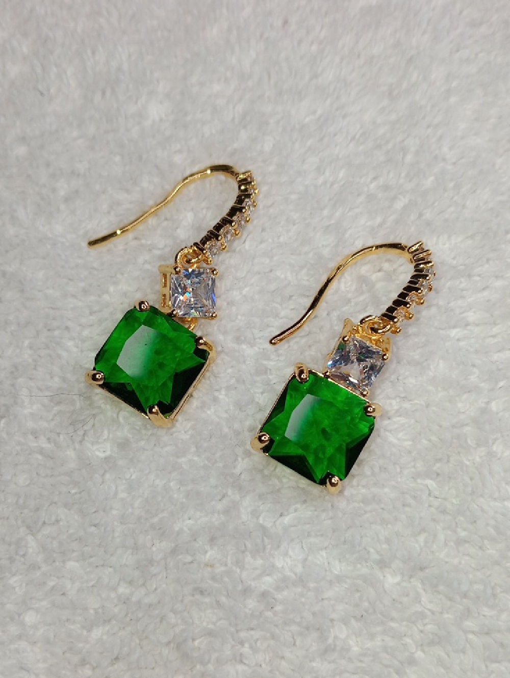 Gold-Plated Earrings with Dark Green Square Stones and Clear Accents